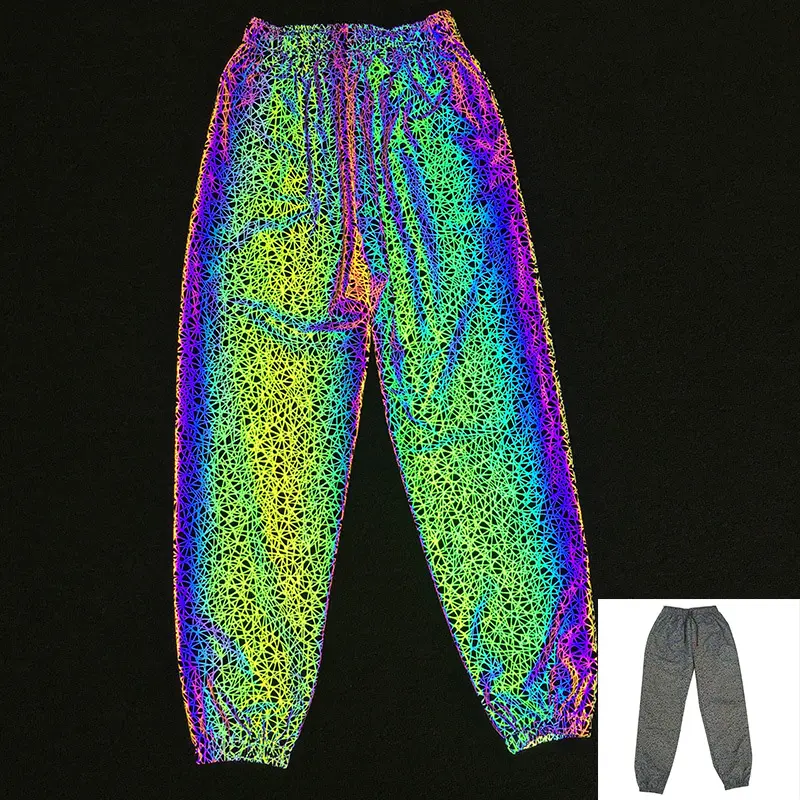 Unisex modello personalizzato delle donne colorato riflettente iridescente abbigliamento riflettente baggy all'aperto di notte strada jogging pantaloni di sudore