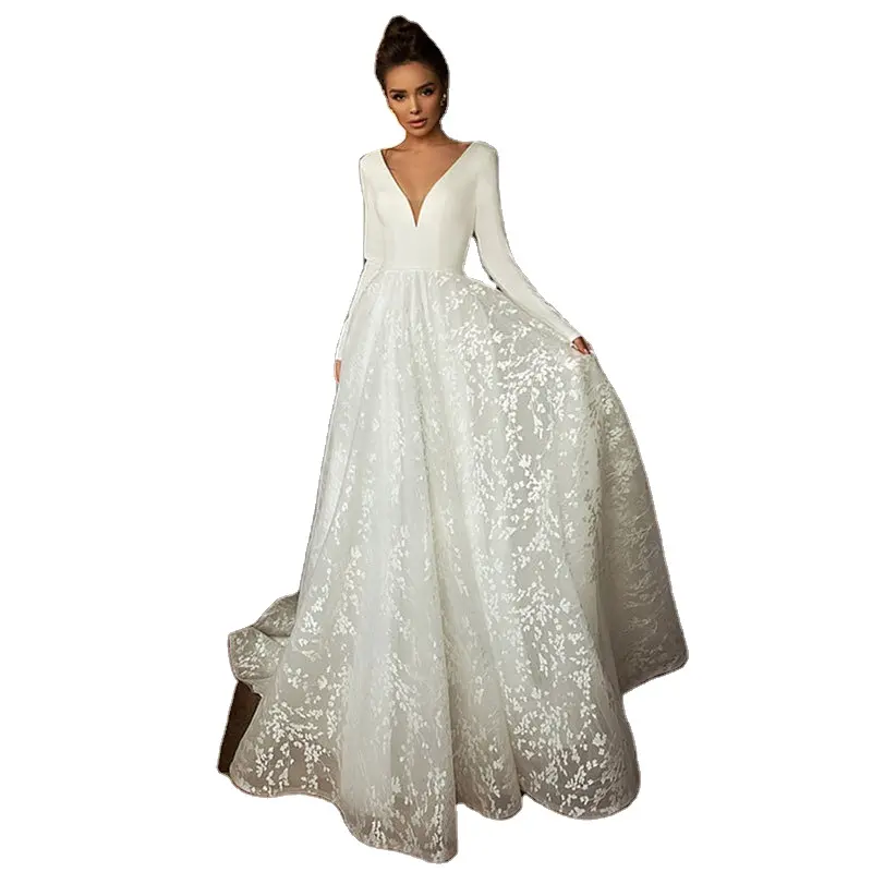 Abito da sposa a vita alta a maniche lunghe senza schienale con scollo a V profondo elegante Vintage per abito da sposa da donna