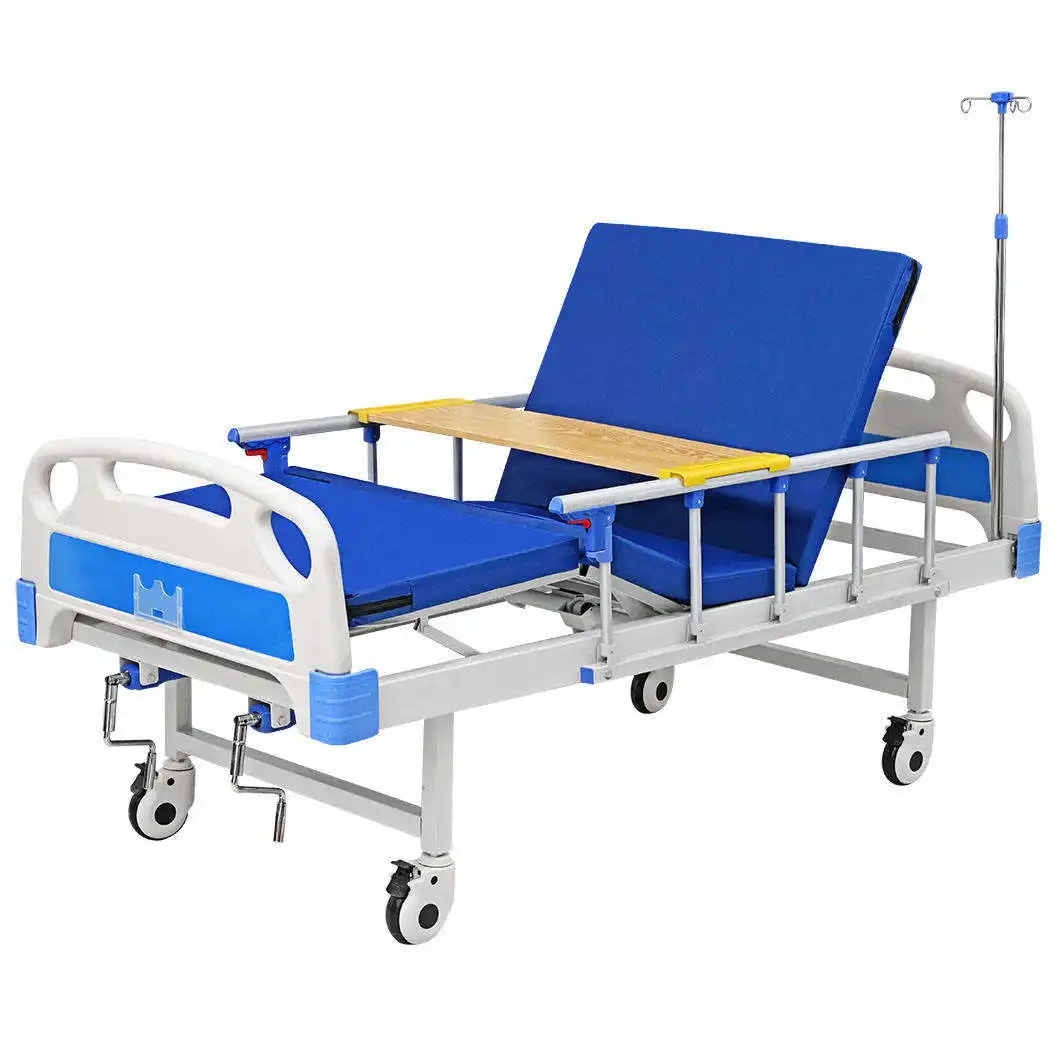 Ranjang Rumah Sakit 2 fungsi engkol, tempat tidur medis 2 fungsi dengan roda dengan kasur aluminium pagar pembatas ABS
