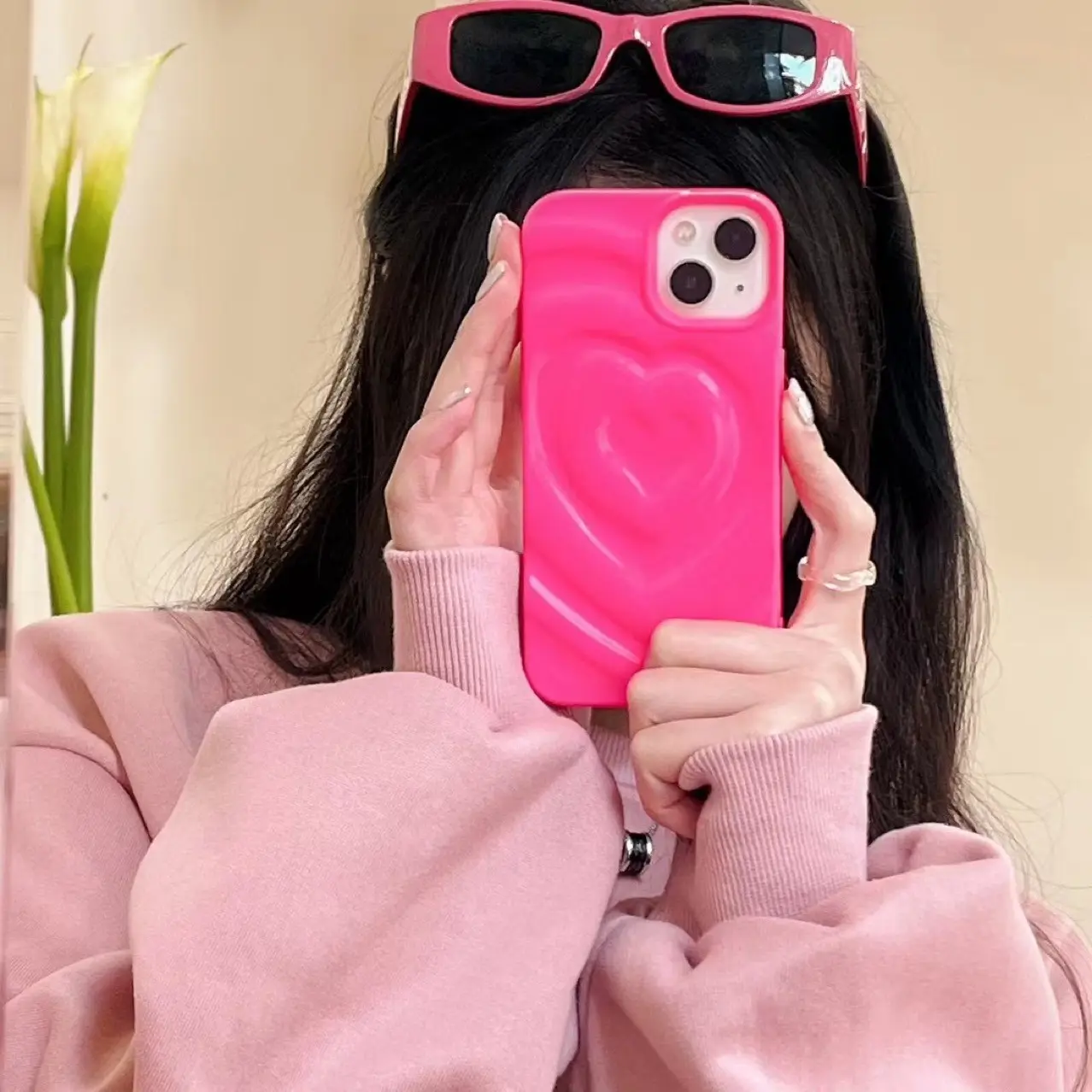 New arrival love pink chrome heart phone case for iphone 13 pro max 14 12 11 pro max phone case cover