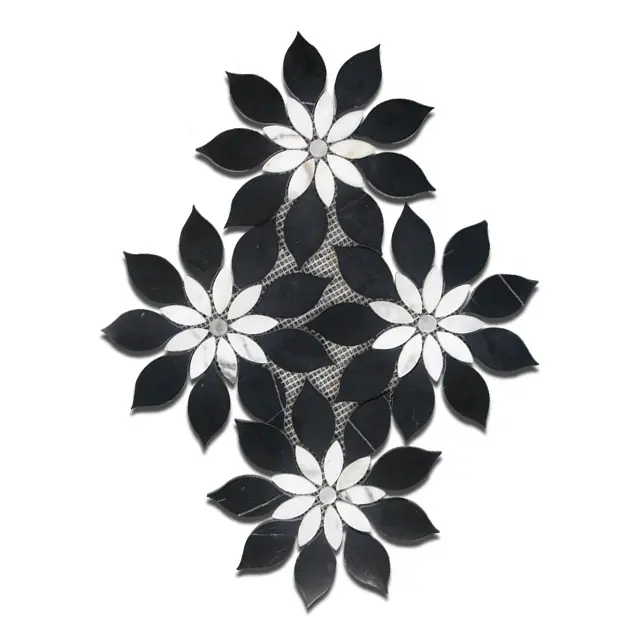 Offre Spéciale Motif fleur Noir Marquina Mosaïque Cristal Blanc Marbre Mosaïque