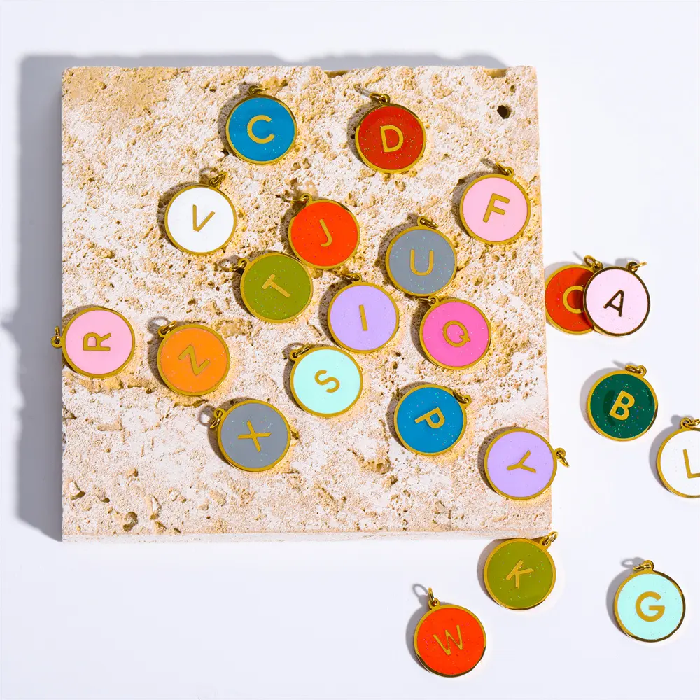 Pingentes para fazer jóias, pingentes de letras esmaltadas em cores de doces, 16mm A-Z, aço inoxidável, alfabeto