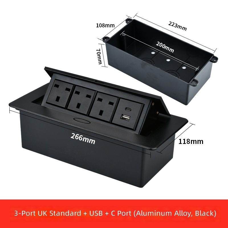 Three-pin power strip+usb+type-c-black
