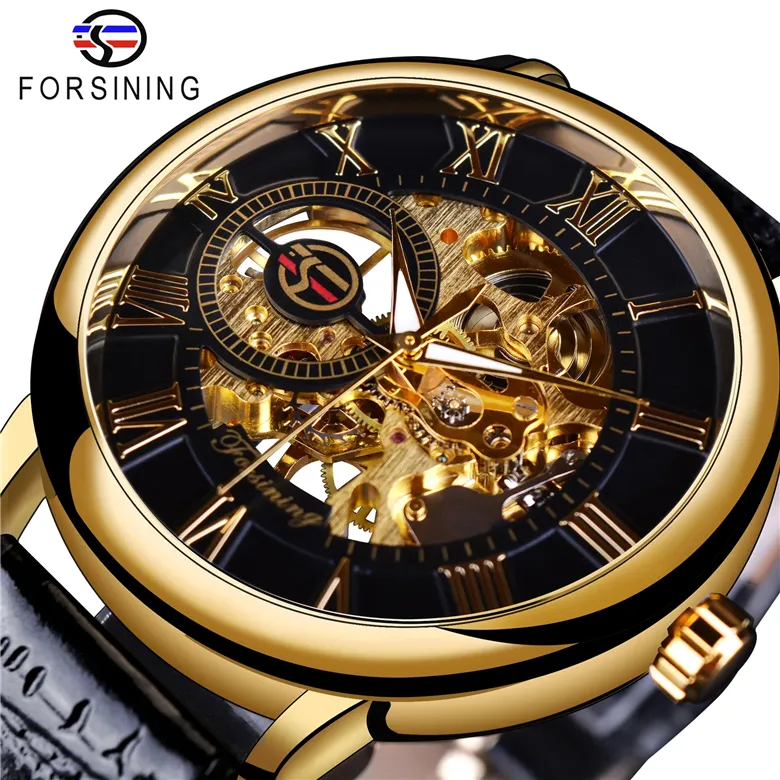 Forsining-relojes mecánicos para hombre, con diseño de logotipo 3d, grabado hueco, caja de cuero, esqueleto, color negro y dorado, marca automática, Heren Horloge