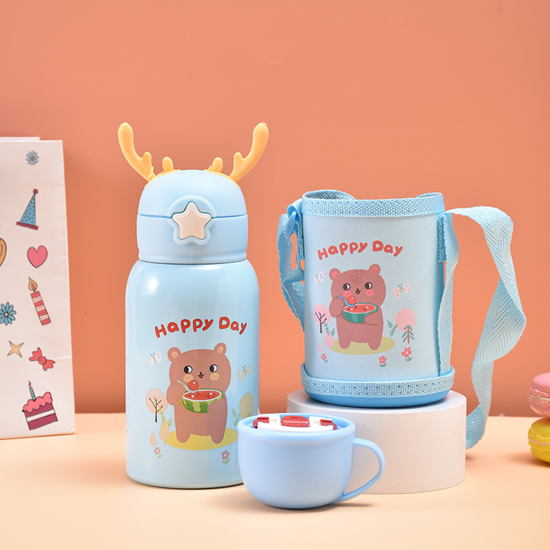 Seaygift Cartoon Deer <strong>Horn</strong> Kids Vacuum Insulated <strong>Cups</strong> Mugs 1 <strong>Cup</strong> 2 Lids Children Stainless Steel Thermos Water Bottle with Straw - Product Image 3