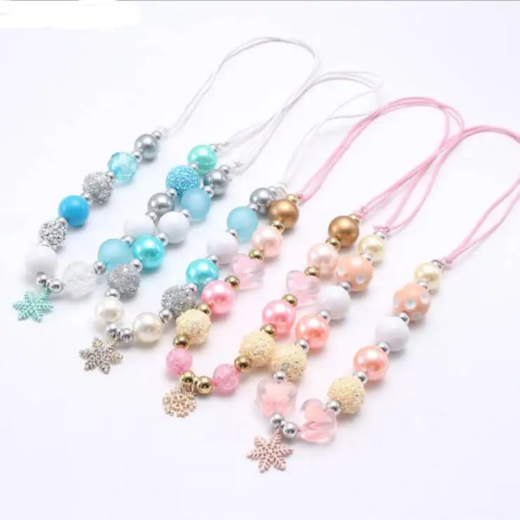 Collier mixte Style noël pour enfant, perle 12mm, bandeau en perles, pendentif flocons de neige, cordon réglable, pour petites filles