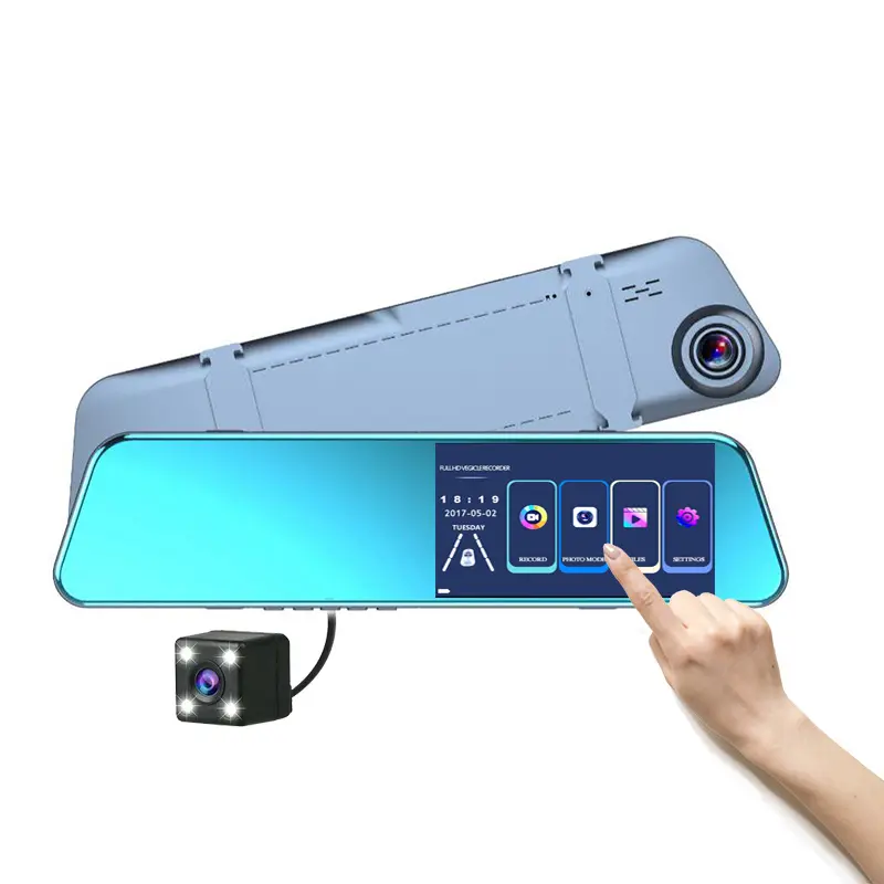 หน้าจอสัมผัส 4.5 นิ้ว 1080P ด้านหลังดูกระจกกล้องรถ DVR รถสีดํากล่อง Dual เลนส์ Dash Cam ด้านหน้าด้านหลังกล้อง