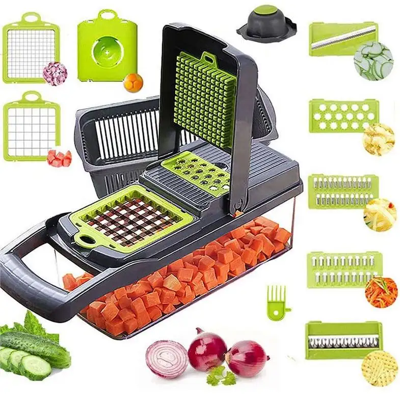 Accesorios de cocina más vendidos, cortador de alimentos 12 en 1, cortador de cebolla vegetal, cortador de mandolina, cortador de verduras multifuncional