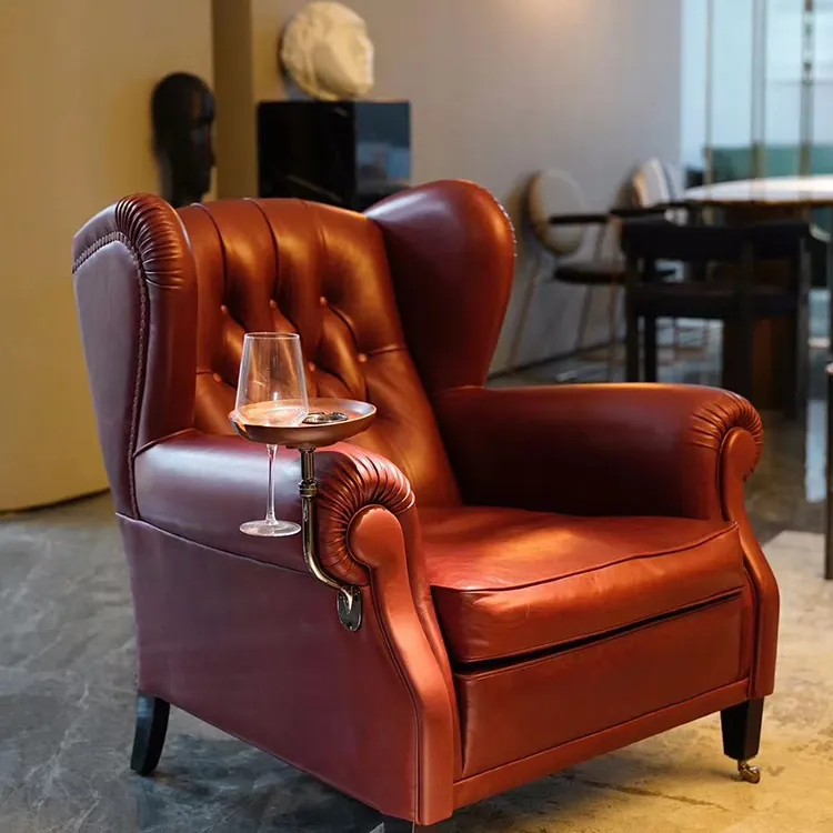 MOYI Antiguo Hotel Lounge Sala de reuniones Cigar Tan Cuero Acento Sofá sofá individual silla