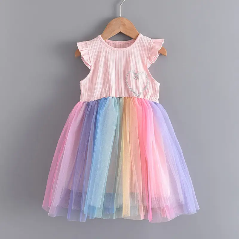 Kızlar iplik gökkuşağı elbise yeni yaz bebek tarzı moda çocuk giyim çocuk etek kalp tasarımı
