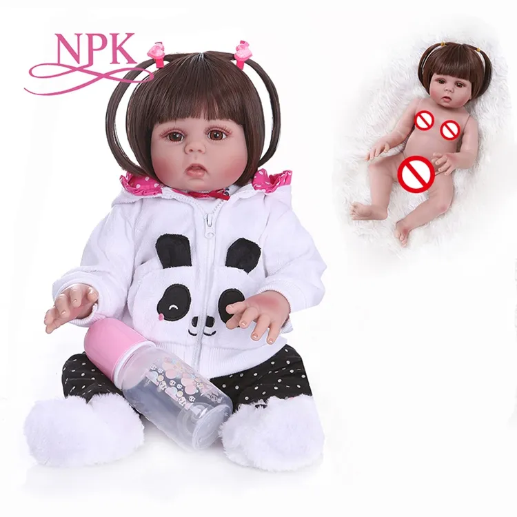 Cabelo reto 48cm, bebê boneca reborn, da criança, boneca, menina, vestido de panda de corpo inteiro, macio, silicone, flexível, brinquedo, banho, bebê
