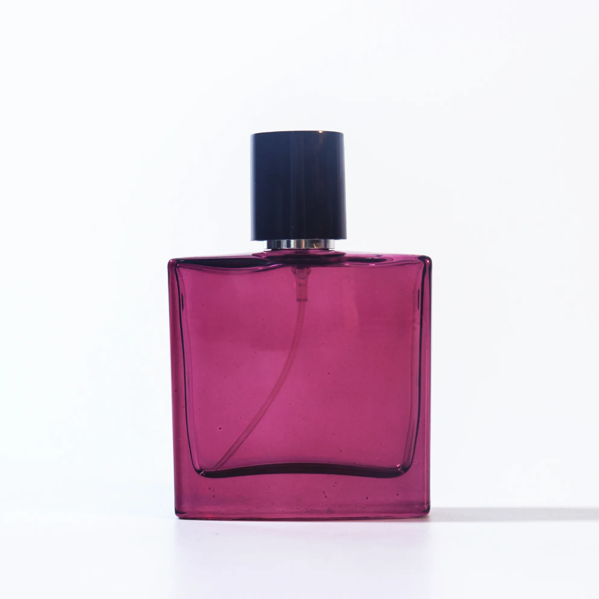 Garrafa de vidro de perfume quadrada 30ml, frasco de vidro colorido vazio com bomba pulverizadora de alumínio