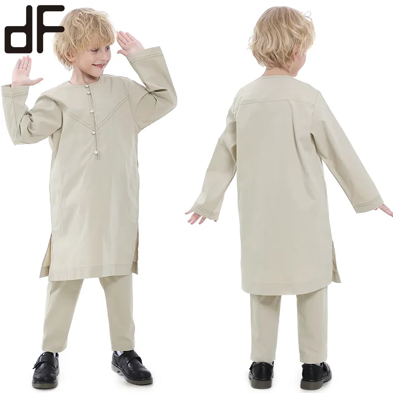 도매 이슬람 어린이 세트 의류 소년 회색 녹색 버튼 kurta 셔츠 바지 아랍어 전통 옷 소년