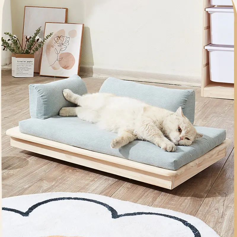 Fábrica personalizada resistente gato cama de madera interior gato sofá con asa grande gato cama lavable