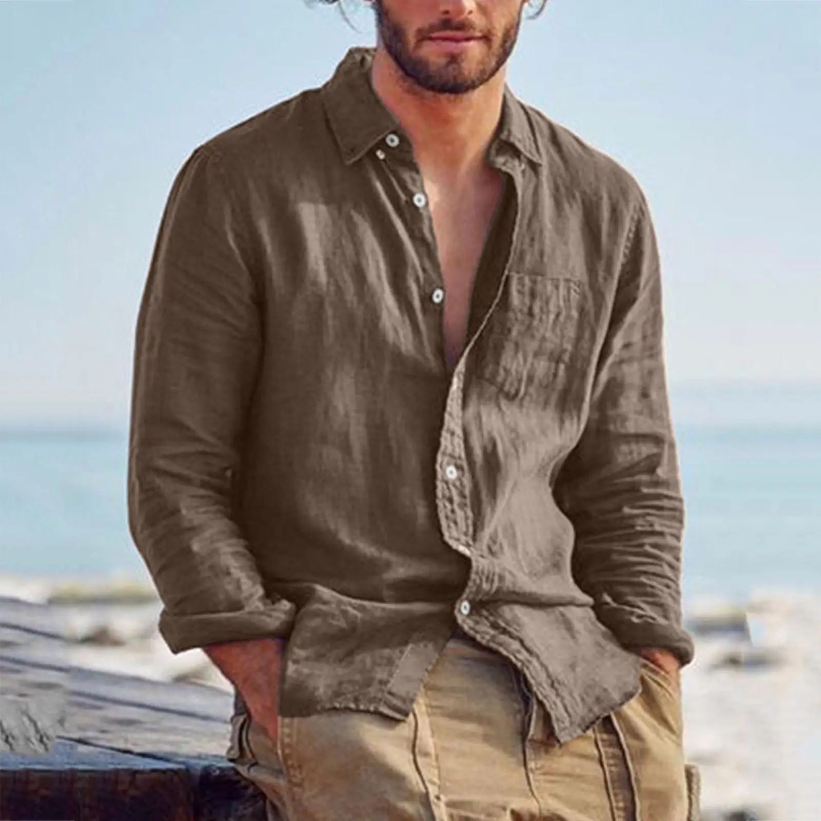 2024 décontracté revers Cardigan coton lin ample décontracté Vintage hommes chemise lin col cubain turquie à manches longues chemise de plage
