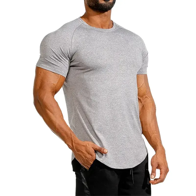 Sıcak satış hızlı kuru erkekler spor Fitness T shirt Polyester egzersiz düz spor T Shirt bıçak raglan omuz swoop alt t shirt