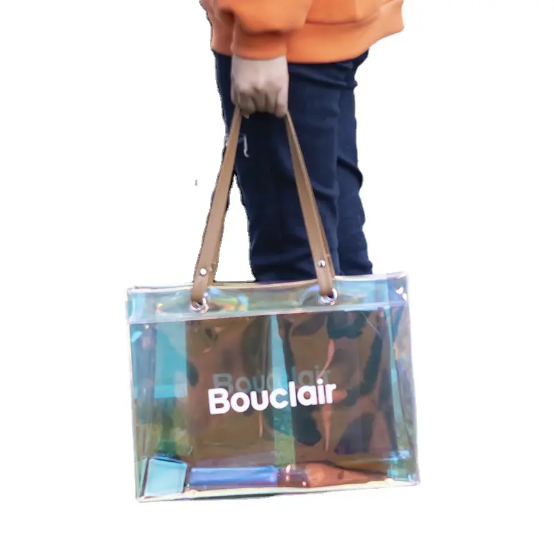 패션 홀로그램 Pvc 토트 백 투명 레이저 핸드백 PU 가죽 손잡이와 투명 홀로그램 무지개 빛깔의 쇼핑 가방
