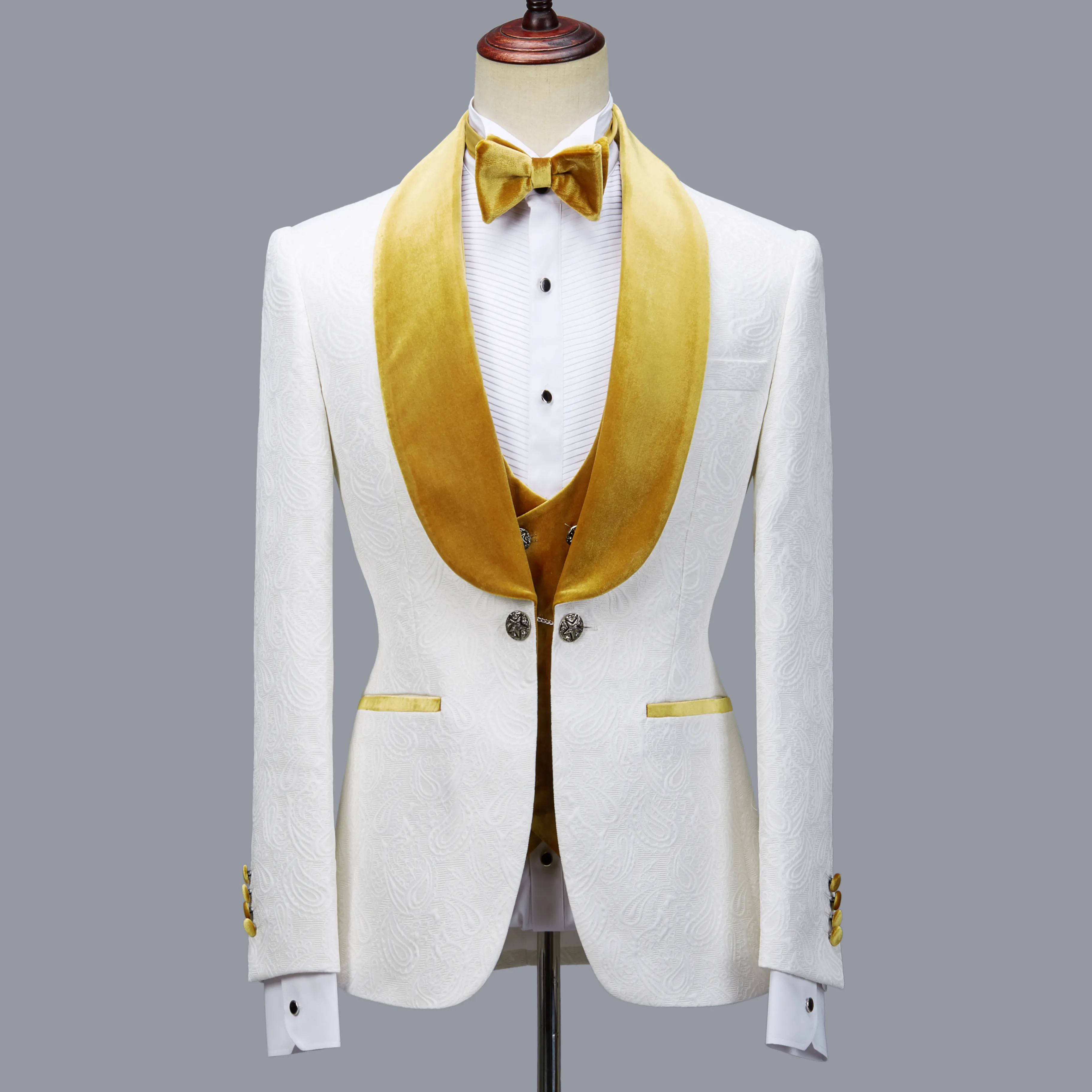 Cenne des graoom moda erkek takım elbise türk düğün ince fildişi beyaz jakarlı kumaş flanel yaka 4 parça seti