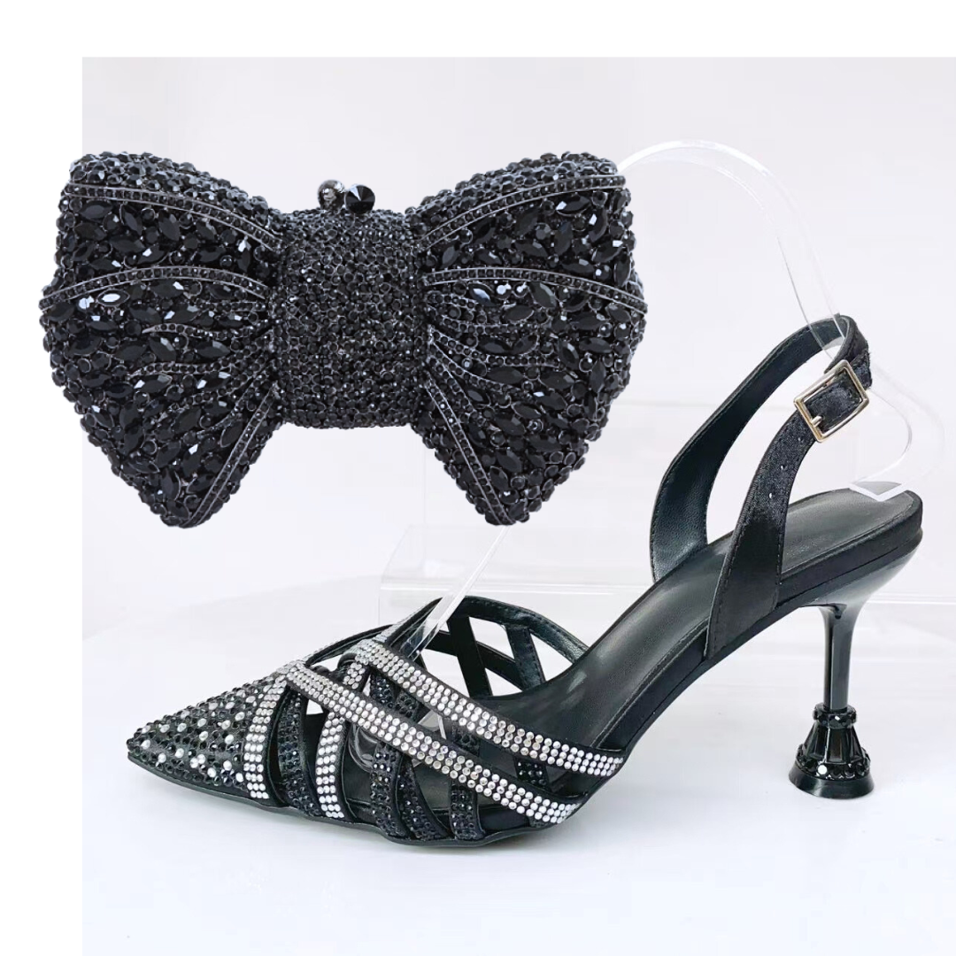 2 black shoes and bag