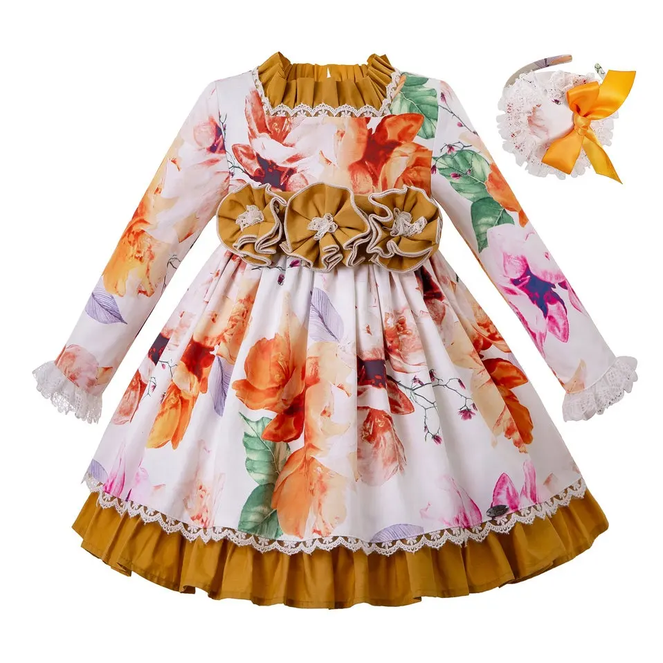 OEM Pettigirl Mädchen Kleidung Kinder New Yellow Print Blumen kleid mit Stirnbändern Phantasie Großhandel Ostern Kleid für Mädchen