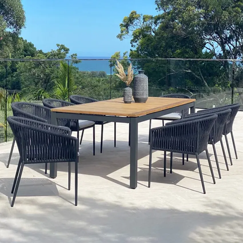 Muebles elegantes de mimbre de hierro forjado para jardín, mesa y sillas de aluminio para balcón, conjunto de comedor