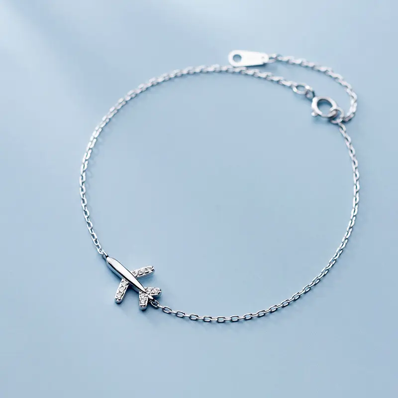 Braccialetto di aeroplano carino in argento Sterling 925 all'ingrosso Dainty zircone CZ catena a mano bracciali di gioielli di moda per le ragazze delle donne