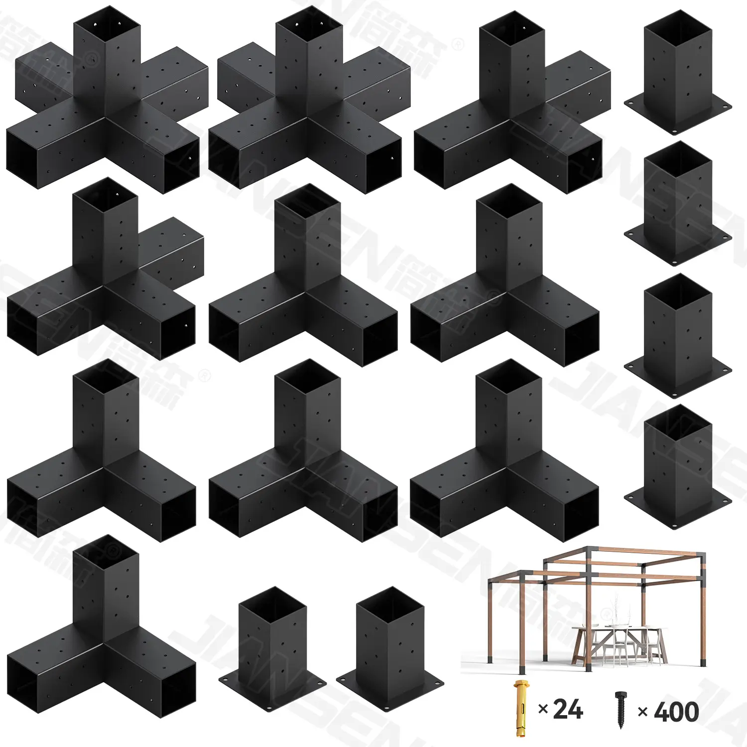 Supports de pergola 4x4 pouces Kit de pergola d'angle à 3 voies pour menuiserie pour poutres en bois 4x4