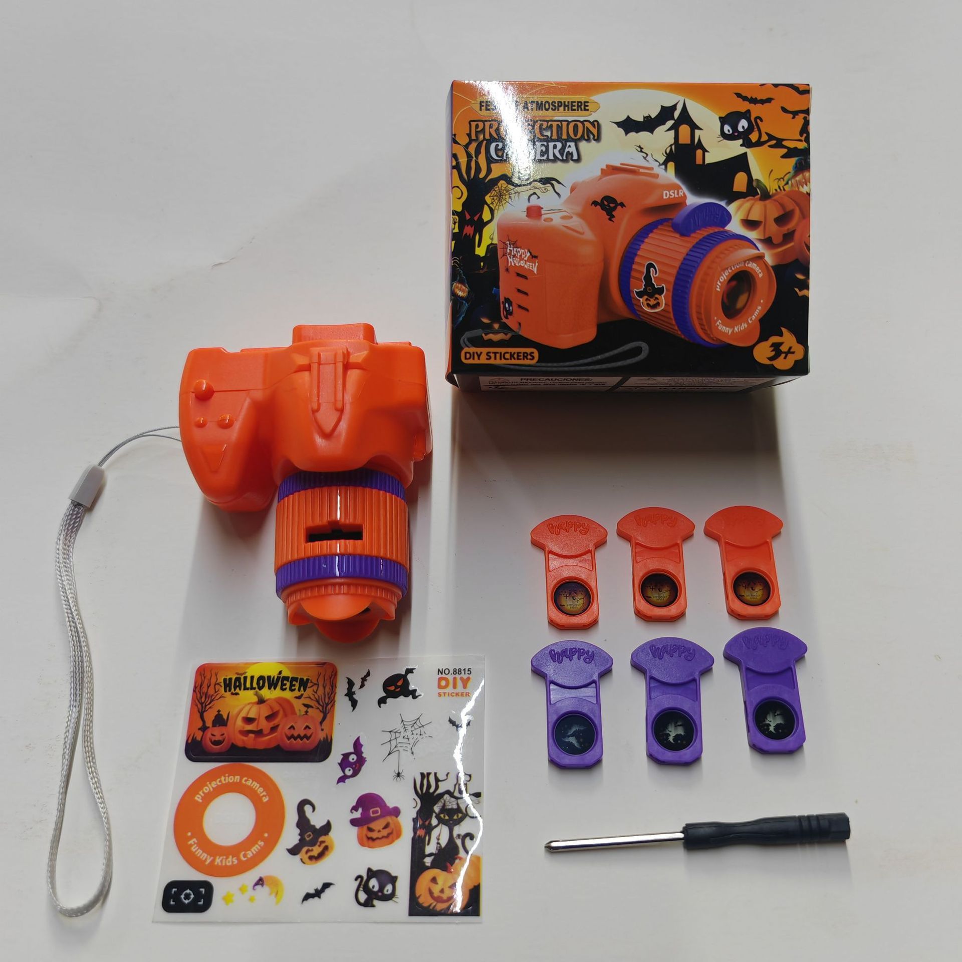 Cámara Halloween naranja - 6 tarjetas, 6 fotos - caja a color