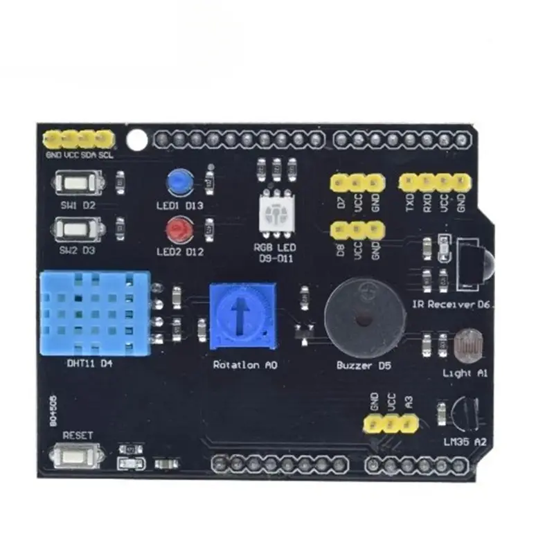 Placa de sensor 9 en 1 Placa de expansión multifunción DHT11 LM35 temperatura humedad para Arduino UNO RGB LED IR receptor Zumbador