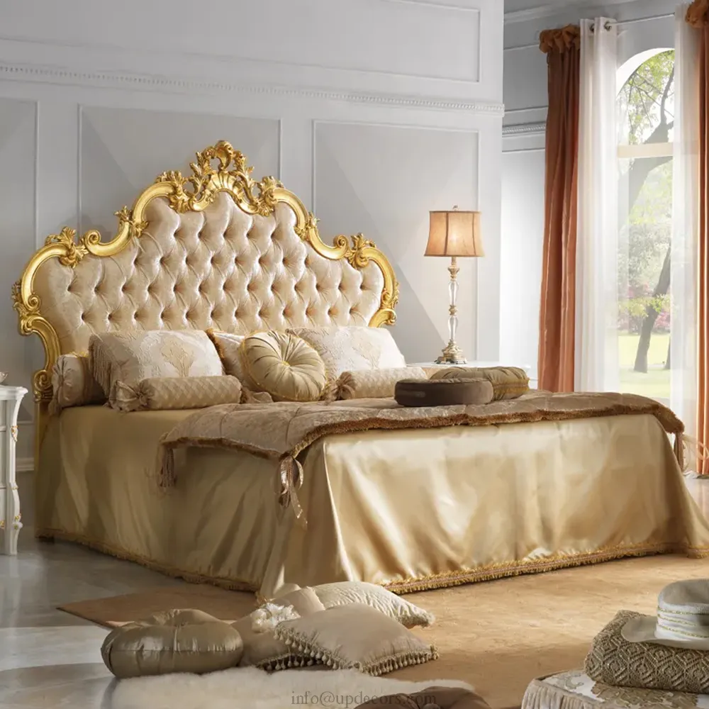 Lit rembourré à Grand boutons, tapisserie en bois massif style vintage, avec feuille dorée, lit classique, mobilier de chambre à coucher