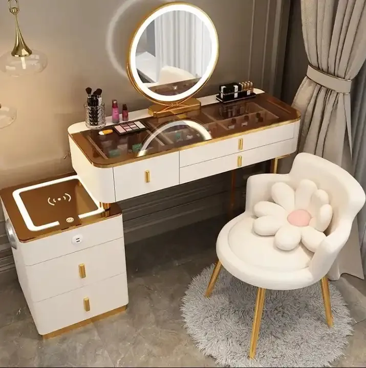 Modern Furniture Vanity maquiagem Dresser um conjunto Design Metal Pés Quarto Dressing Table com Espelho LED carregamento sem fio