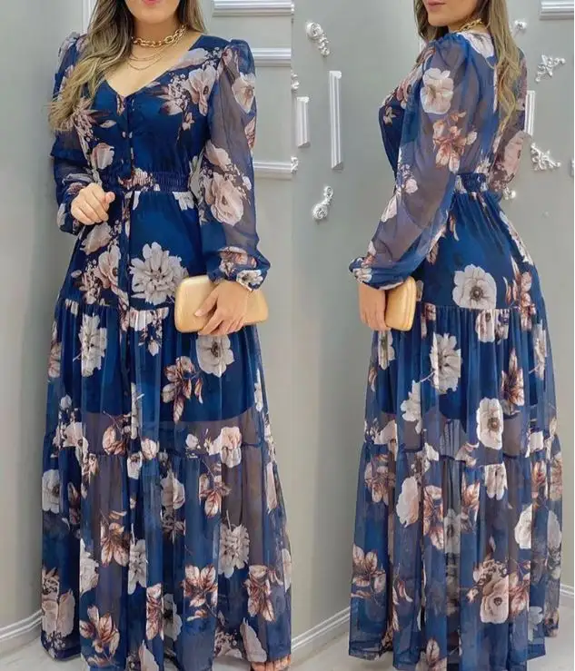 Maxi Dress Printed Dress Custom Women's Blue Printed Long Sleeve Fit and Flare Floral Natural Woven Polyester Chiffon Sweet