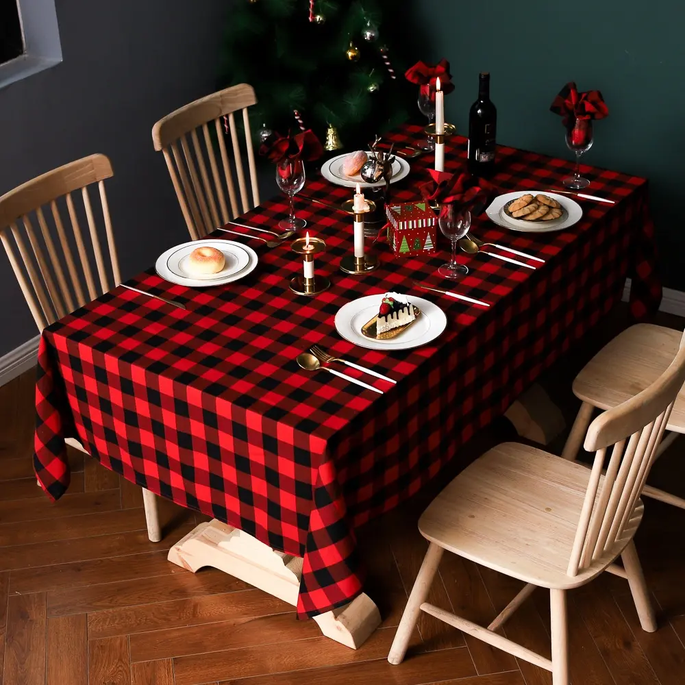 Toalha de mesa vermelha e preta retangular, toalha de mesa de linho de algodão xadrez de xadrez de algodão jacquard natal