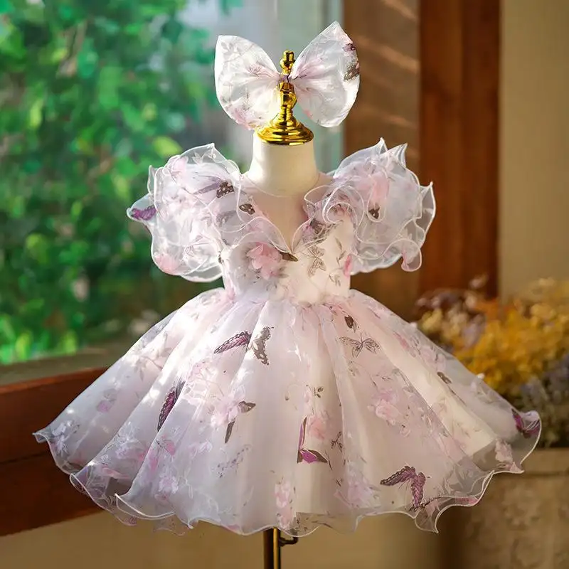 Super Sweet Children's Lace Wedding Ball Fragmented Flowers Vestido esponjoso para niños Girl Fashion Ruffle Edge Dress