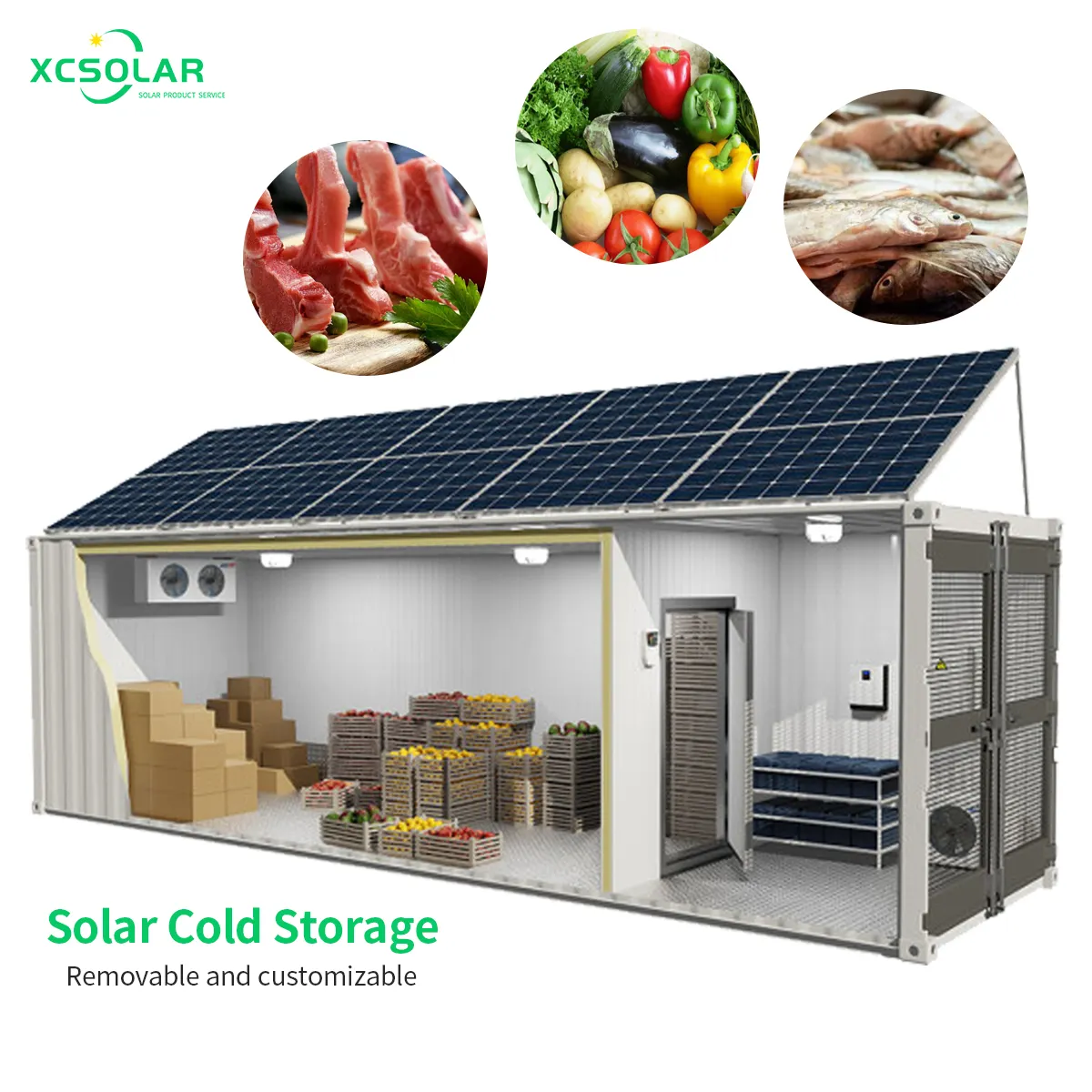 XC güneş enerjisi tasarrufu 20ft 40ft Containerized güneş enerjili soğuk oda düşük maliyetli mobil soğuk depolama için balık et sebze//
