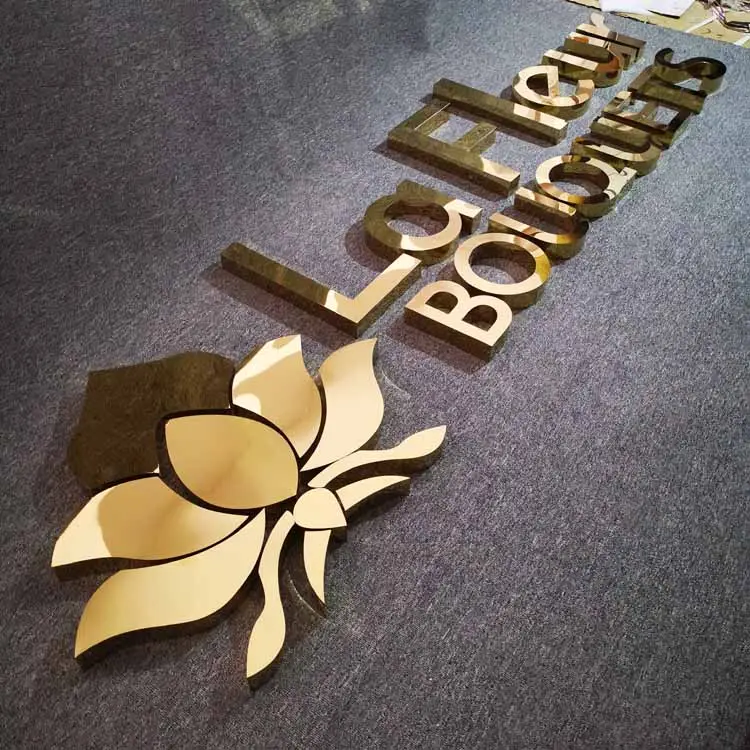 3D Outdoor Spiegel politur glänzend Gold Metall Logo Brief Beschilderung Metall Wand schild