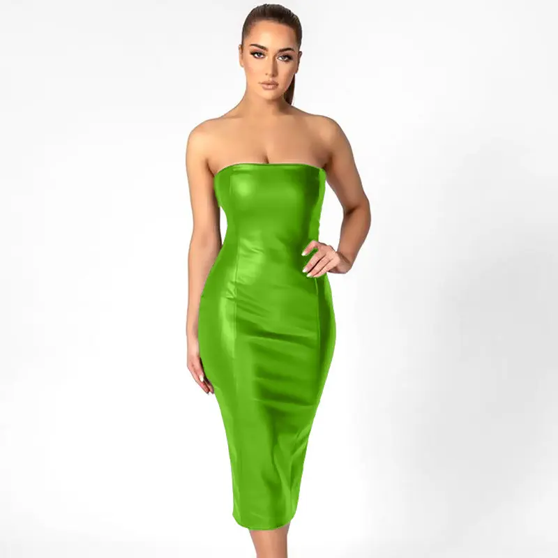 Señoras sexy caliente maduro PU bodycon apretado cremallera tubo superior baile de graduación de una pieza negro sin tirantes de cuero MIDI vestido para las mujeres