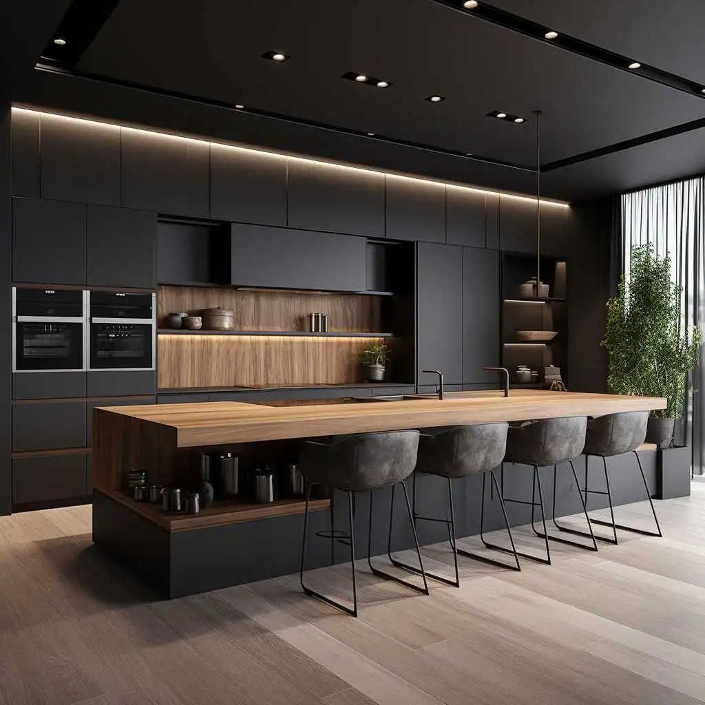 Kabinet dapur lurus hitam Matte Modern, lampu setrip desain kustom kabinet dapur dengan Pulau