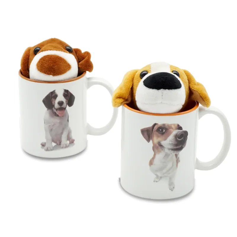 Taza divertida de 11oz con relleno de felpa para perro, juguete suave personalizado, tazas de cerámica para regalo de cumpleaños