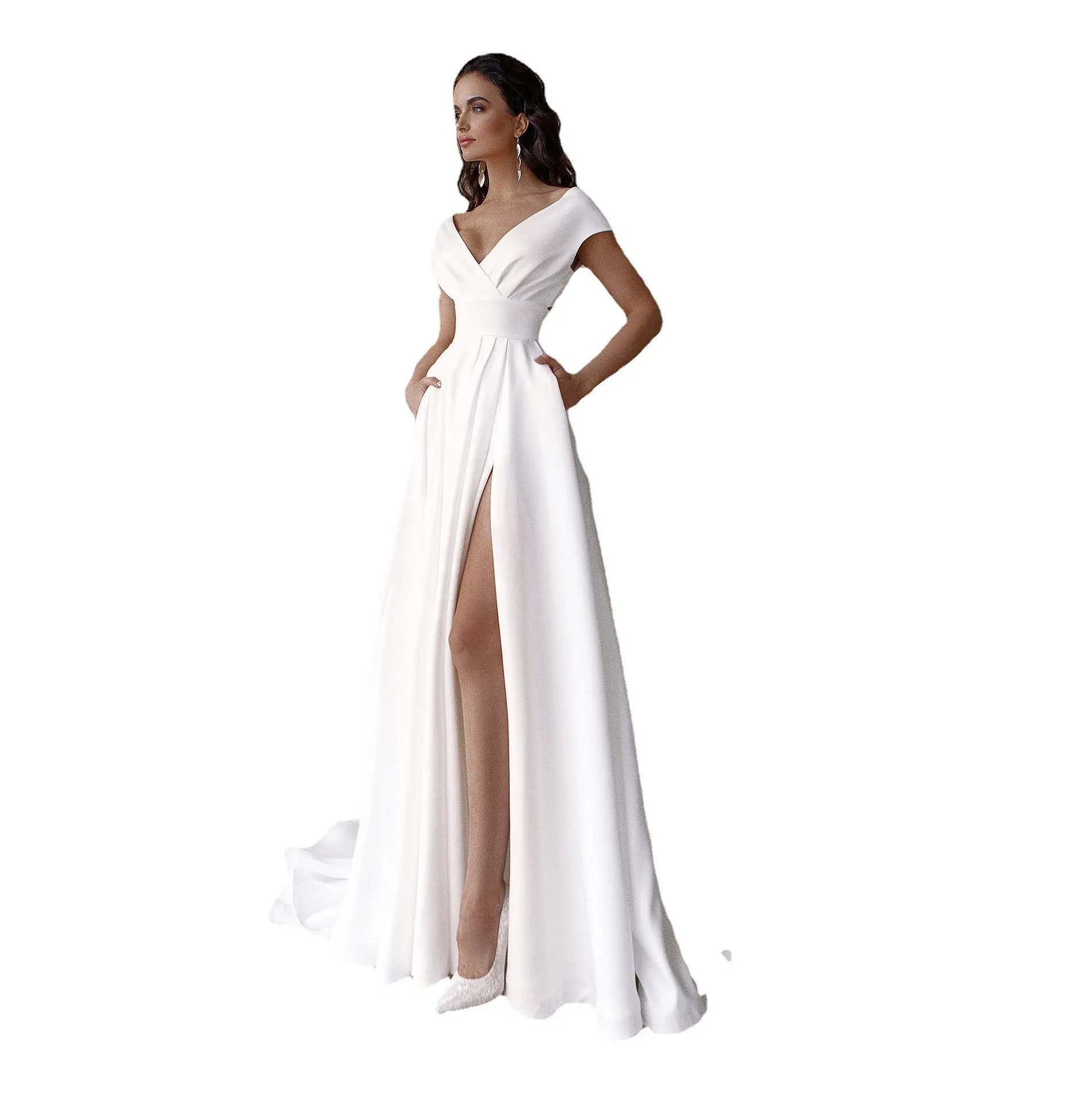 Женское Плиссированное свадебное платье, легкое элегантное платье до пола с V-образным вырезом и высоким разрезом