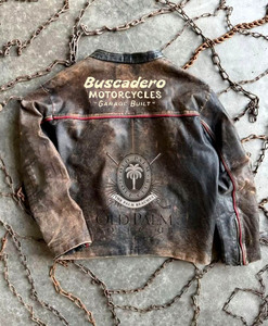 نمط الهيب هوب خمر جلد الغنم سترة مفجر جلدية الوقوف طوق سستة إغلاق التطريز الشتاء جاهزة OEM الخدمة المتاحة - Product Image 3