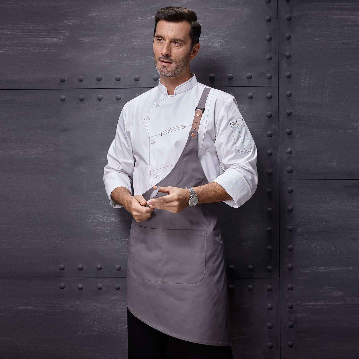 White blouse with long sleeves + Gray apron