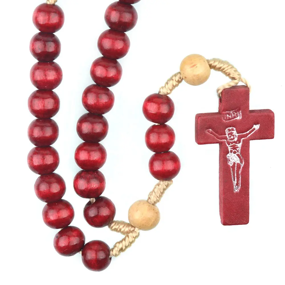 Cuerda católica anudada de madera, Rosario de cruz de Jesús, dos tonos, cuentas de madera roja, fuerte, con cable