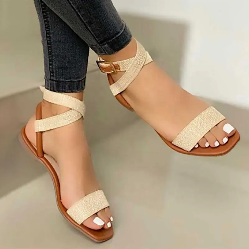 Comfortable Square Toe Ankle Buckle Womens Sandals Flat Casual Patent Leather Brown Lady Sandal Shoes Womens Summer Sandals 2021