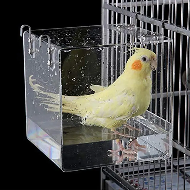 Pássaros suprimentos banheira de papagaio 360 graus, pendurado acrílico, gaiola de alimentação de pássaros