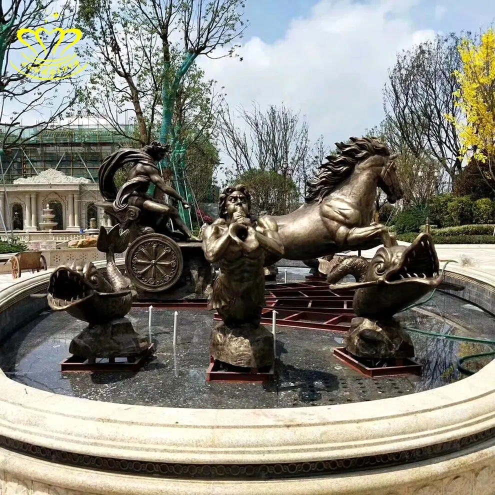 Extérieur Jardin Caractéristique D'eau Paysage Conception Ornement métal art Sculpture Bronze Poséidon Fontaine avec Cheval Statue