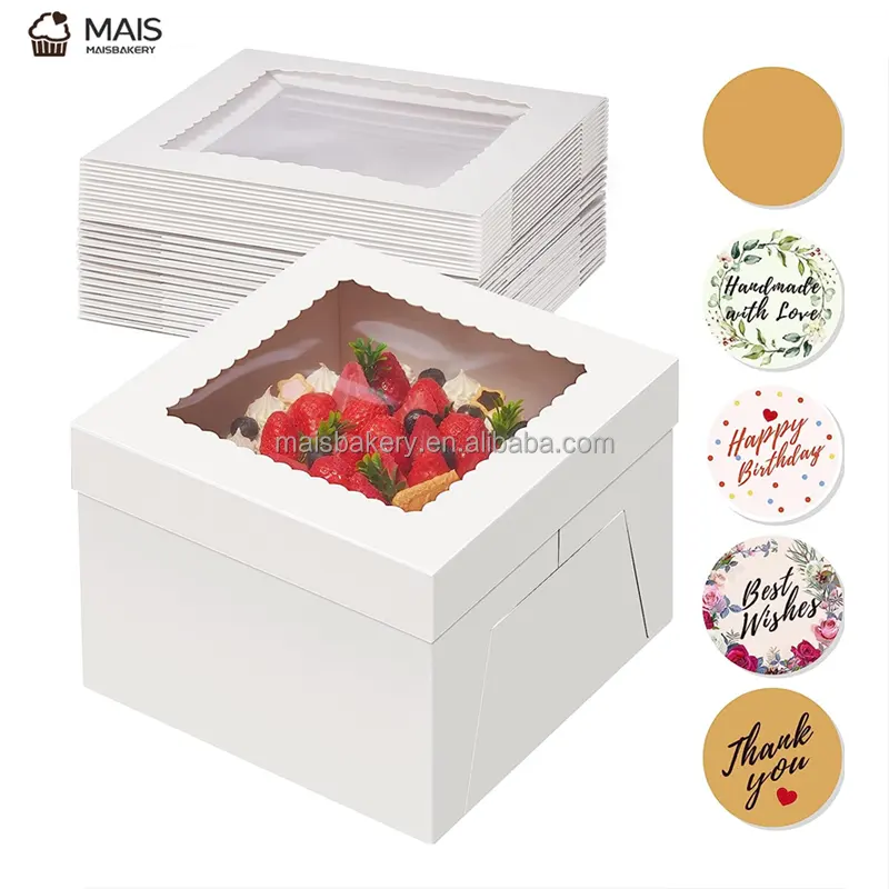 MaisBakery Tall Cake Box com Janela grande Branco Padaria Caixas Quadradas Caixa De Bolo De Papelão para Decoração Do Bolo Fornecimento