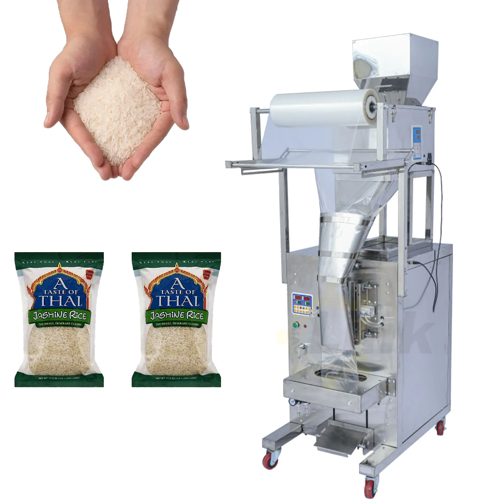 Автоматическая вертикальная машина для наполнения мешков рисовой соли, машина для наполнения зерновых бобов риса, хлопьев, мешков 1 кг, 5 кг, упаковочная машина для сахара