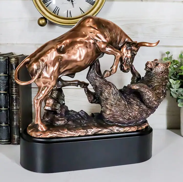 Escultura de resina galvanizada de bronce, estatua de toro y oso, decoración de escritorio para el hogar, piezas