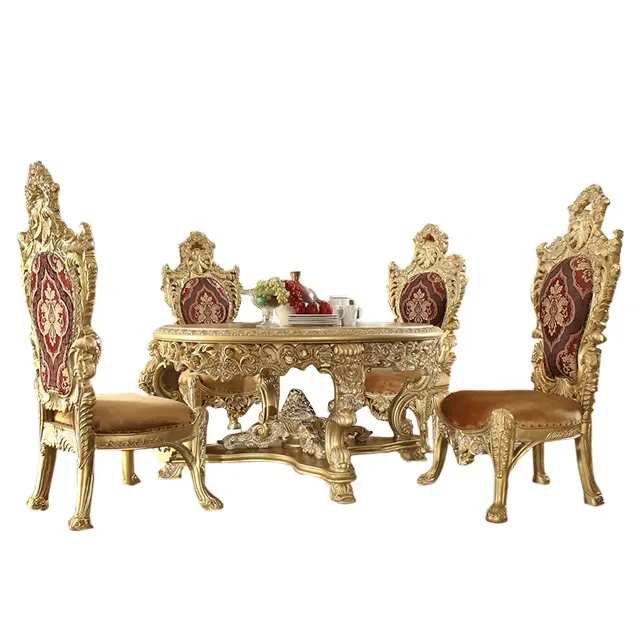 Dorato in Oro Foglia di Tavolo Da Pranzo con Intagliato in Legno Sedia Da Pranzo di Lusso soggiorno in stile Barocco Francese